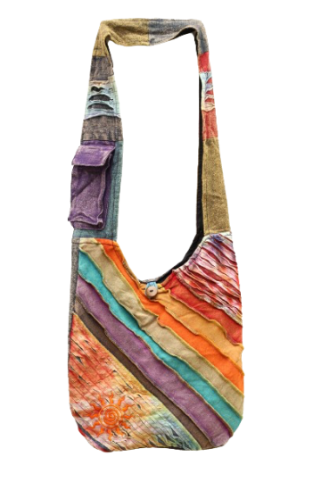 318.2 voor - hippie tas regenboog - oranje zon - donkerblauwe achterkant