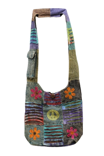 319.19 voor - hippie tas bloemen en peace teken - zwarte achterkant