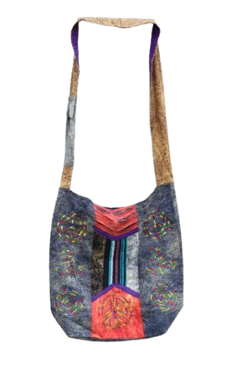 Hippie tas 3034 blauw geborduurde peace en zen rood oranje voor hangend voor