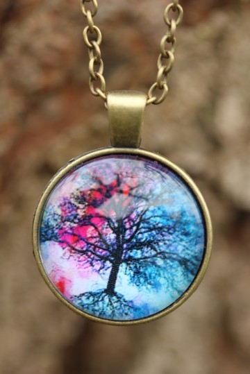 Ketting medaillon cabochon blauw roze