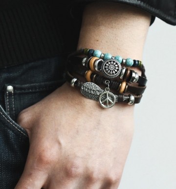 Leren brede armband peace arm