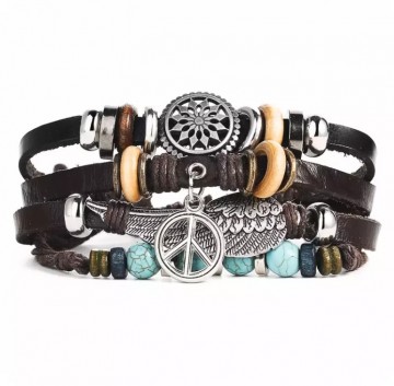 Leren brede armband peace