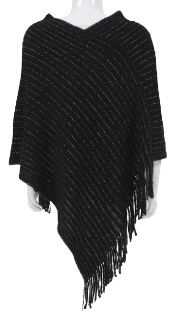 Poncho zwart met zilverkleurige krijtstreep achter