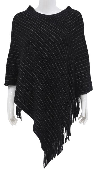 Poncho zwart met zilverkleurige krijtstreep voor